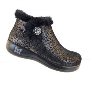 Alegria Meri Black Leather Rose Florette Water Resistant Leather Fur Ankle Boots